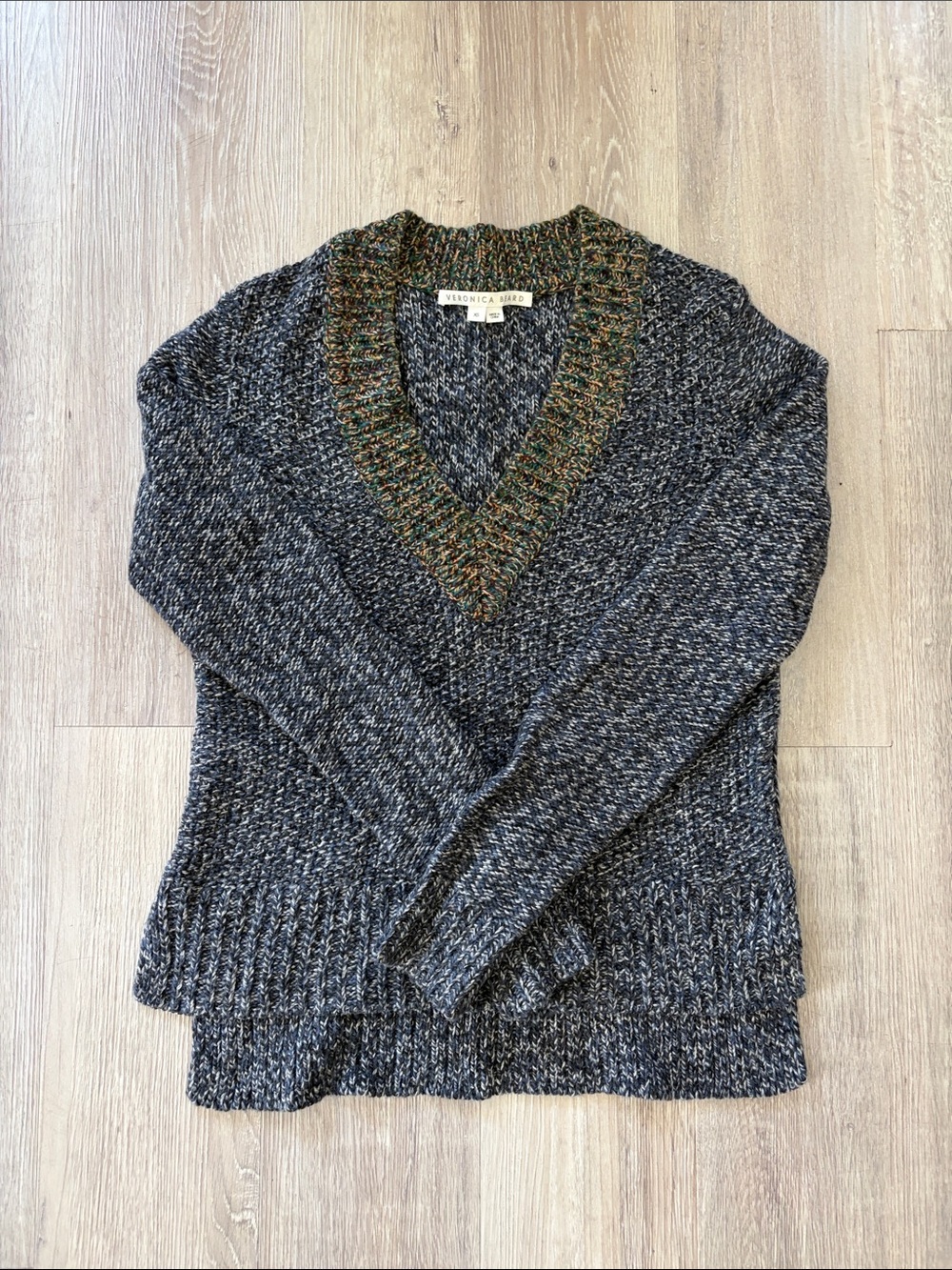 Veronica Beard Black Marled V-Neck Sweater with Olive Trim